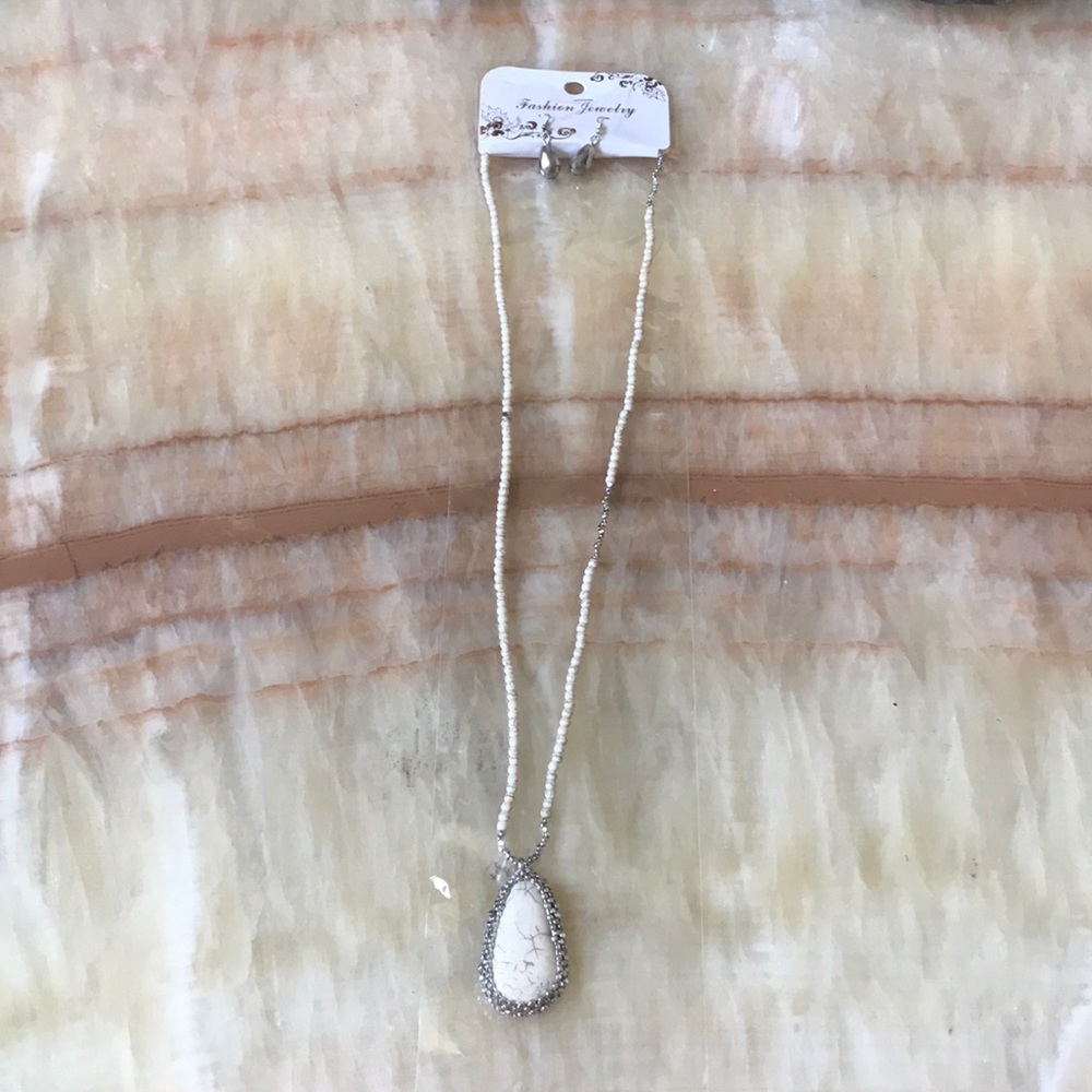 white stone long necklace set